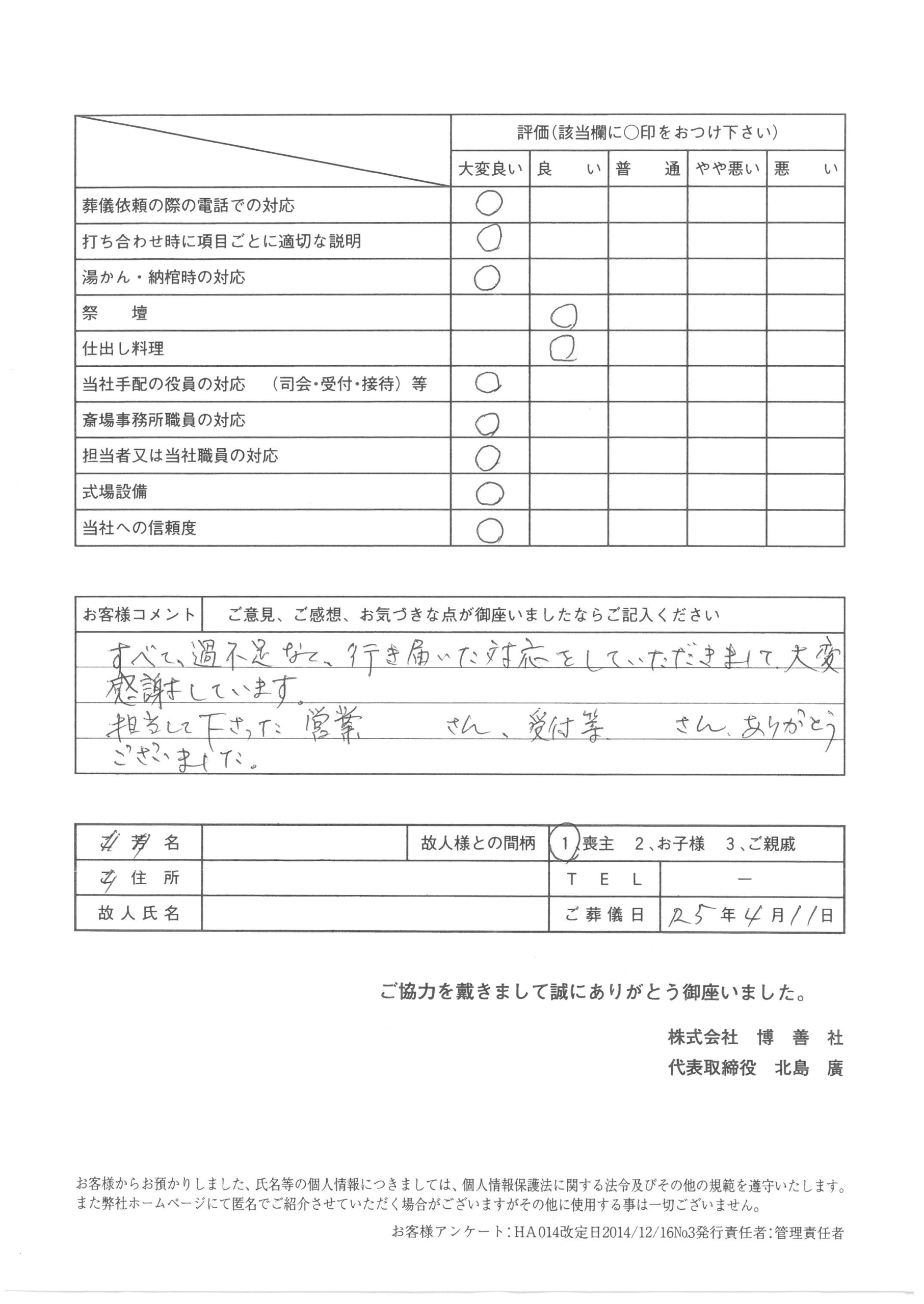 2023年4月 「東区博善斎場」にて家族葬のお客様